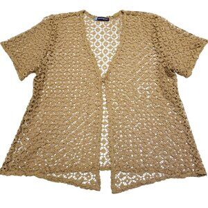 Pennington's Khaki Beige Crochet Top Open Cardigan Short Sleeve w/ Button Large